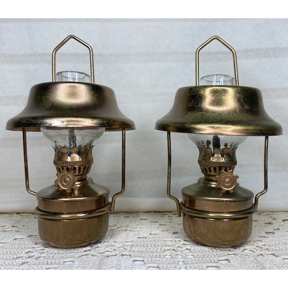 Vintage Mini Hanging Oil Kerosene Hurricane Lamp Set 5" Copper Colored Miniature